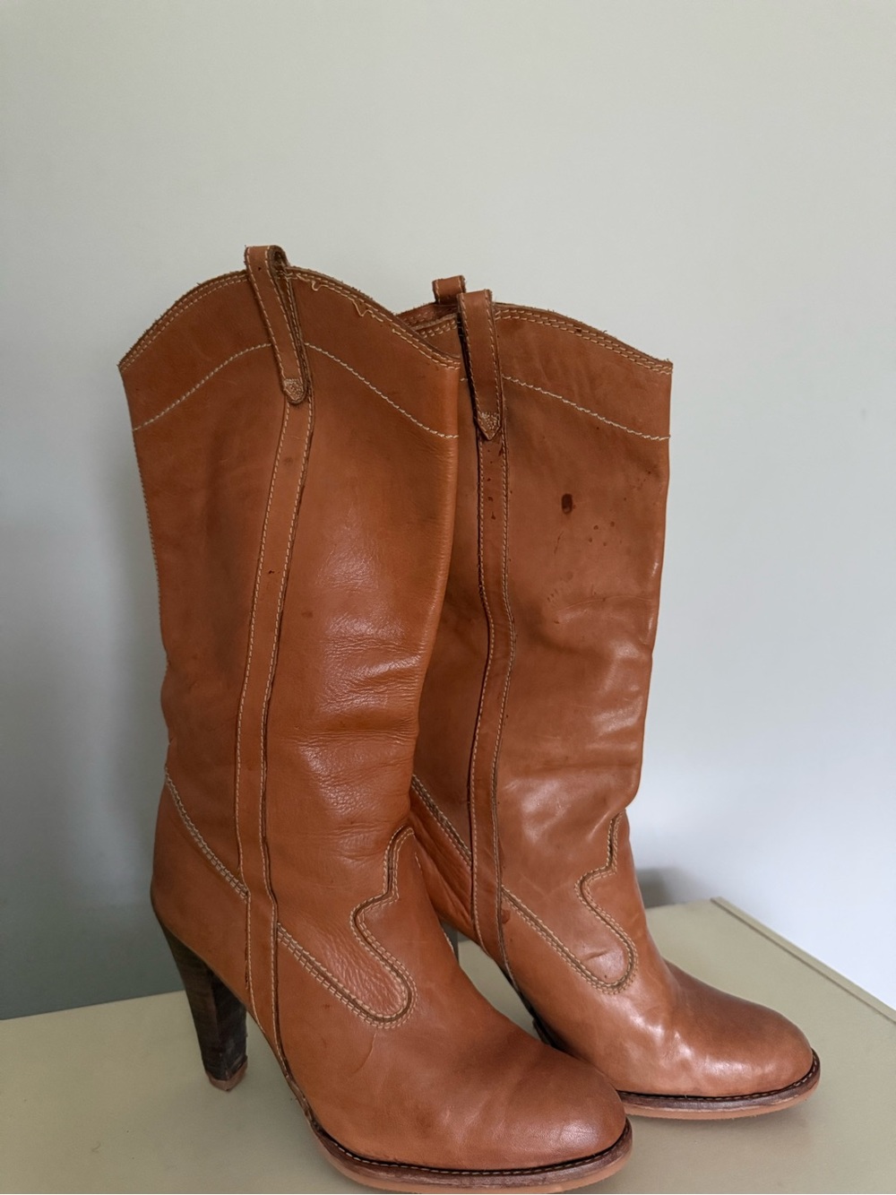 Women's Cognac Leather Mid-Calf Heeled Cowboy Boots
